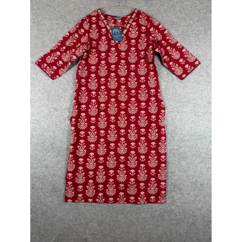 Rimeline Kurta Women Large Red New Ethnic Floral Block Print Embroidered Tunic